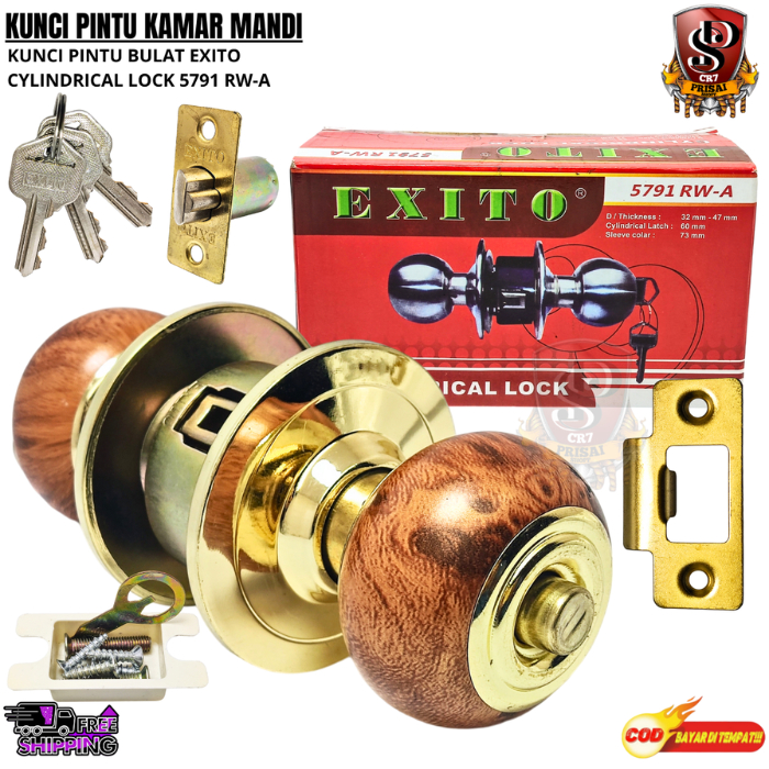 Set Kunci Pintu Kamar Mandi Gagang Bulat Ergonomis Motif Kayu EXITO 5791 RW-A Warna Gold Cylindrical