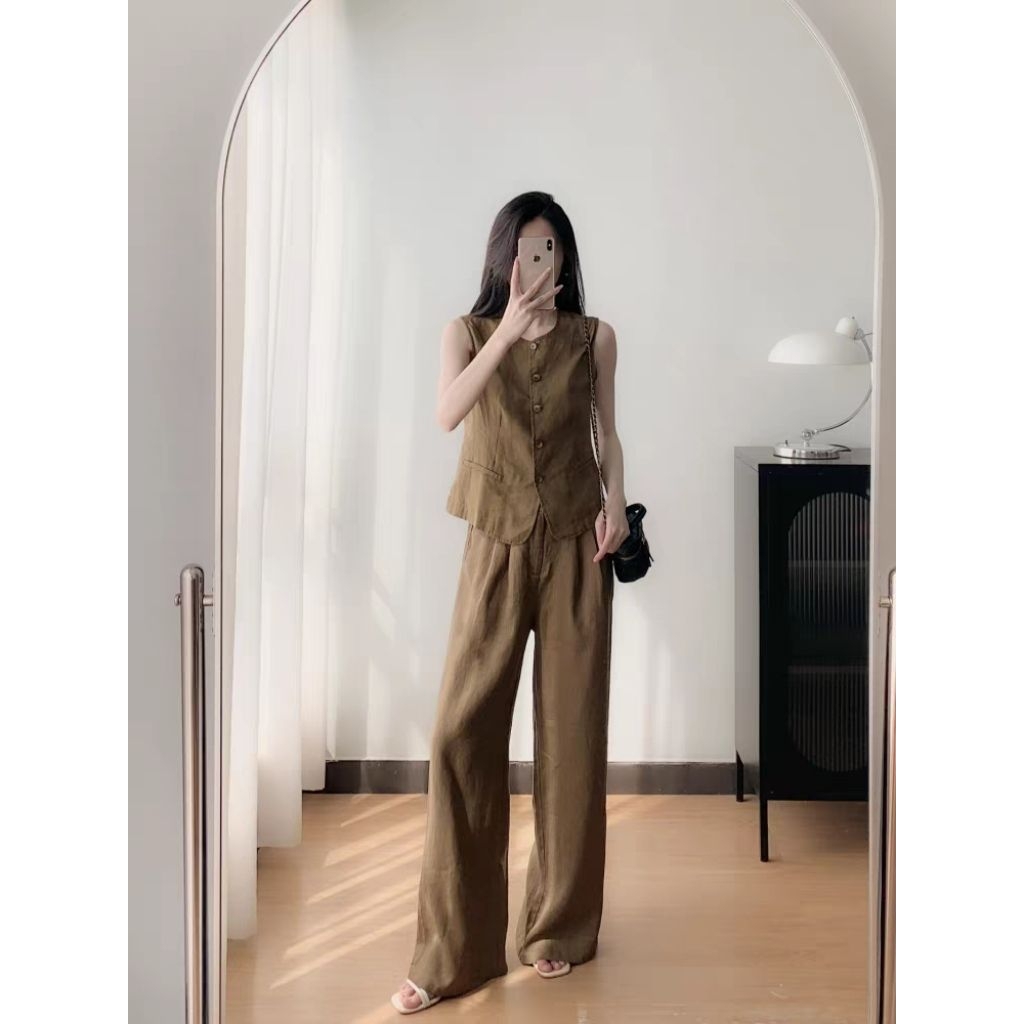 Setelan Wanita Tanpa Lengan Blazer Rompi + Celana Panjang  Casual Elegan Korean Style