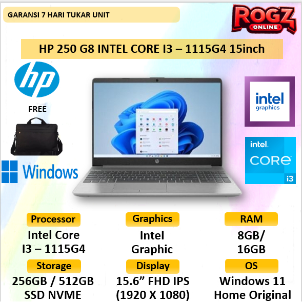 HP 250 G8 Intel Core i3 1115G4 16GB 512 SSD W 11 15.6 Inch IPS Panel