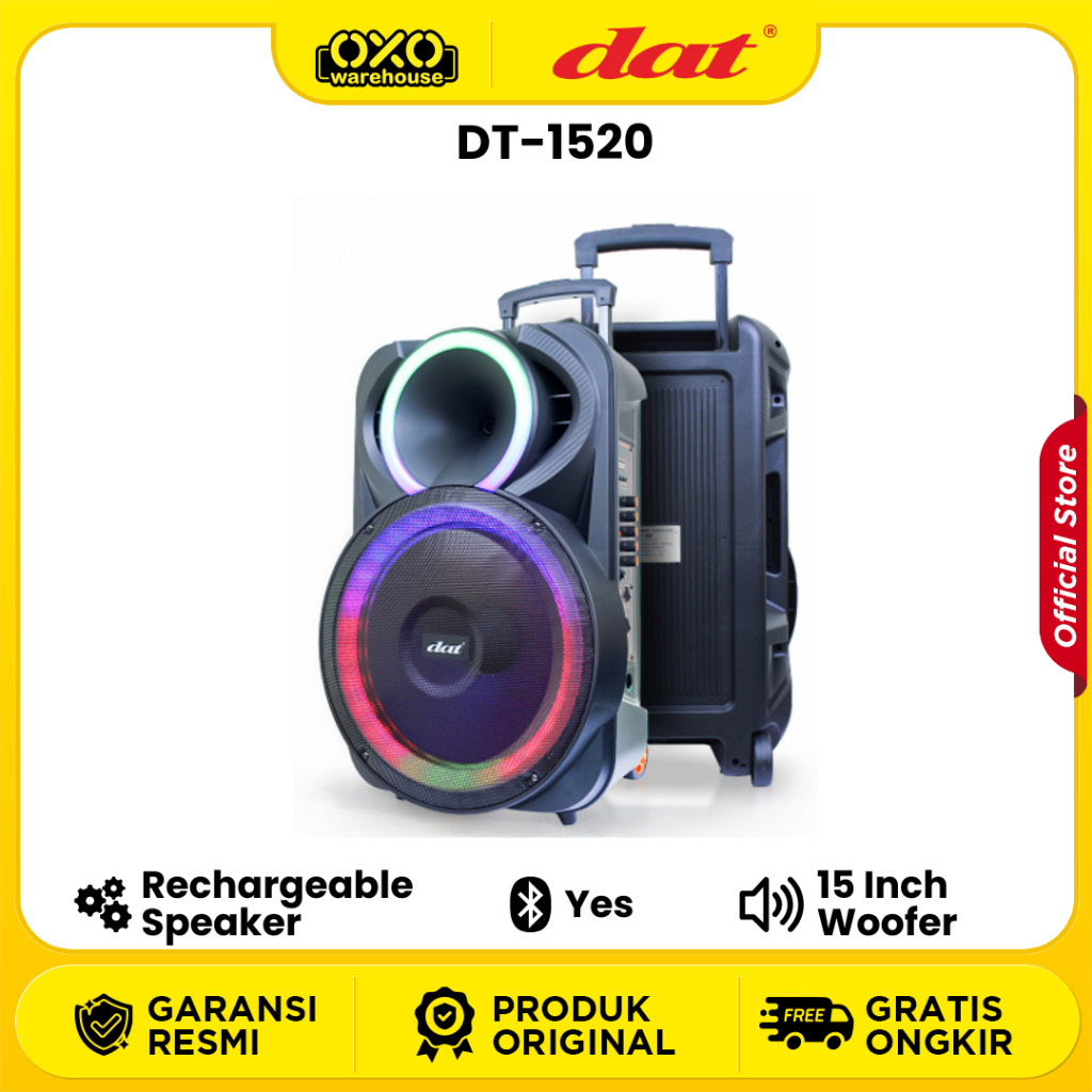 DAT Speaker Portable DT-1520 Bluetooth 15 Inch Rechargeable Speaker Low Watt Garansi Resmi