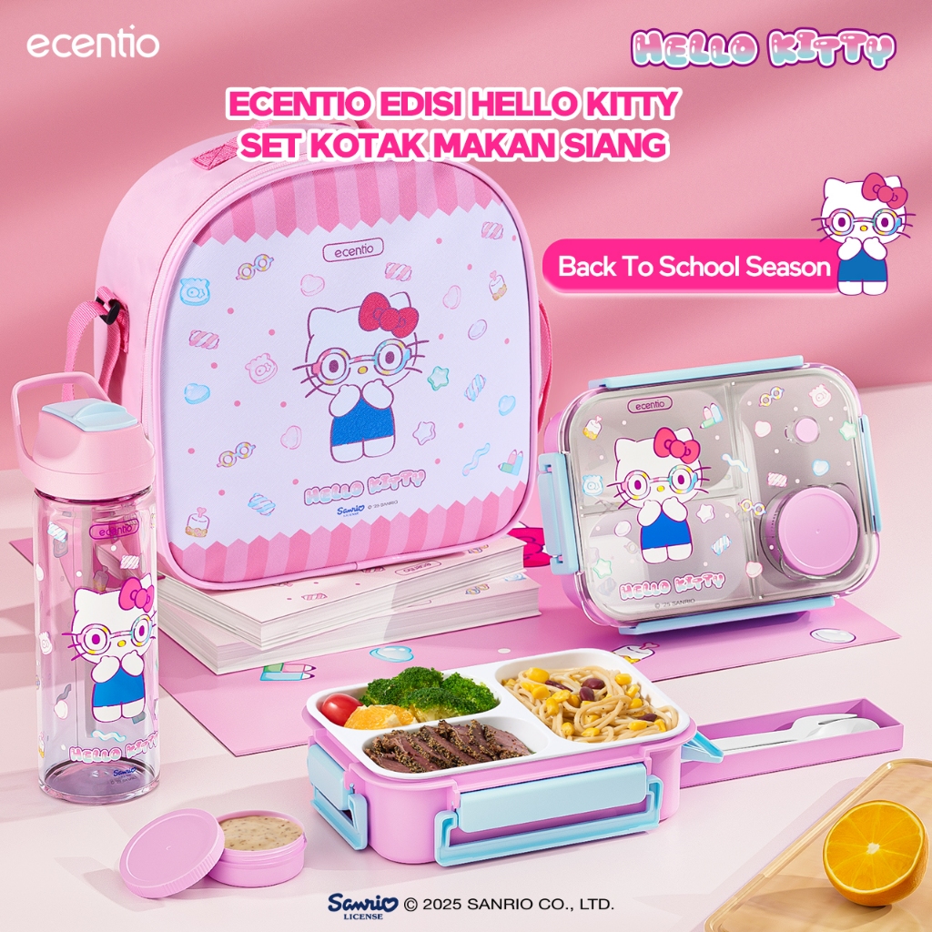 ecentio hello kitty set--ecentio Kotak Makan Set anti tumpah lunch box anak 800ml free sendok botol 