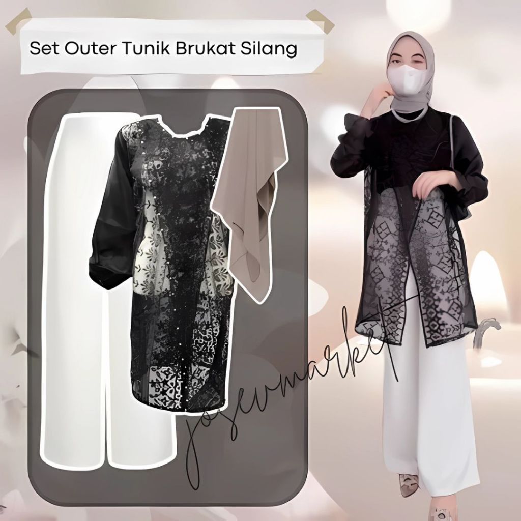 Set Outer Tunik Brukat Silang One Set Korean Look Brukat + Kulot Putih + Bella hijab Ootd Kondangan