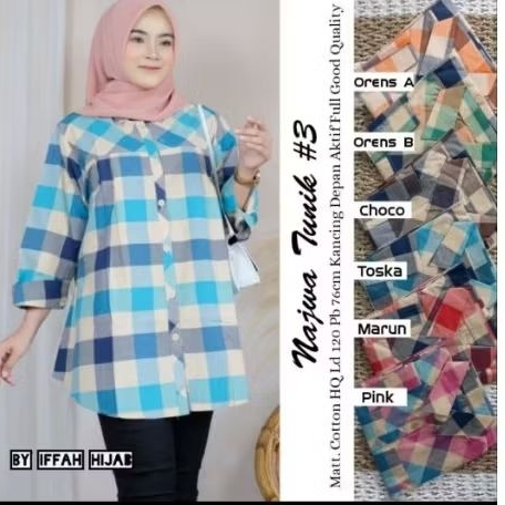 Blouse Wanita Lengan Panjang Jumbo - Najwa Tunik Motif Kotak LD 120 Bahan Katun