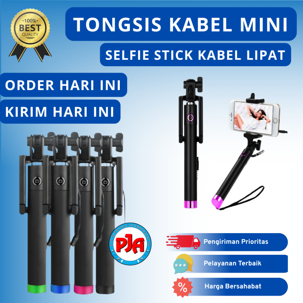 Tongsis Kabel Mini Hitam Selfie Stick Kabel Lipat Hp Android Ios