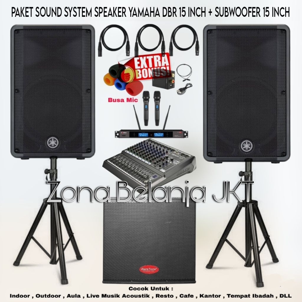 PAKET SOUND SYSTEM INDOOR OUTDOOR LIVE MUSIK KARAOKE SPEAKER YAMAHA DBR 15 INCH + SUBWOOFER 15 INCH 