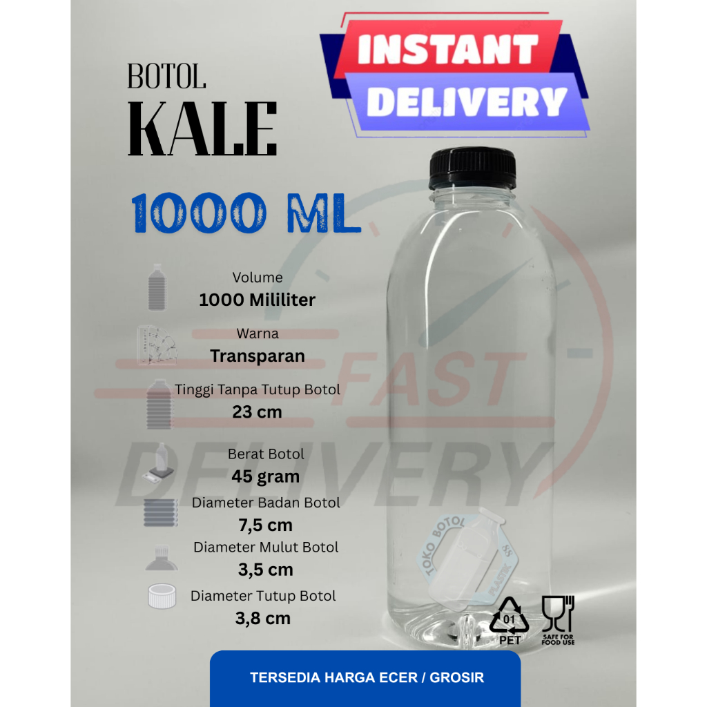 (INSTAN KHUSUS BANDUNG ECER) Botol Kale 1 Liter (45GR) / Botol Plastik PET Tebal Anti Bocor 1Liter /