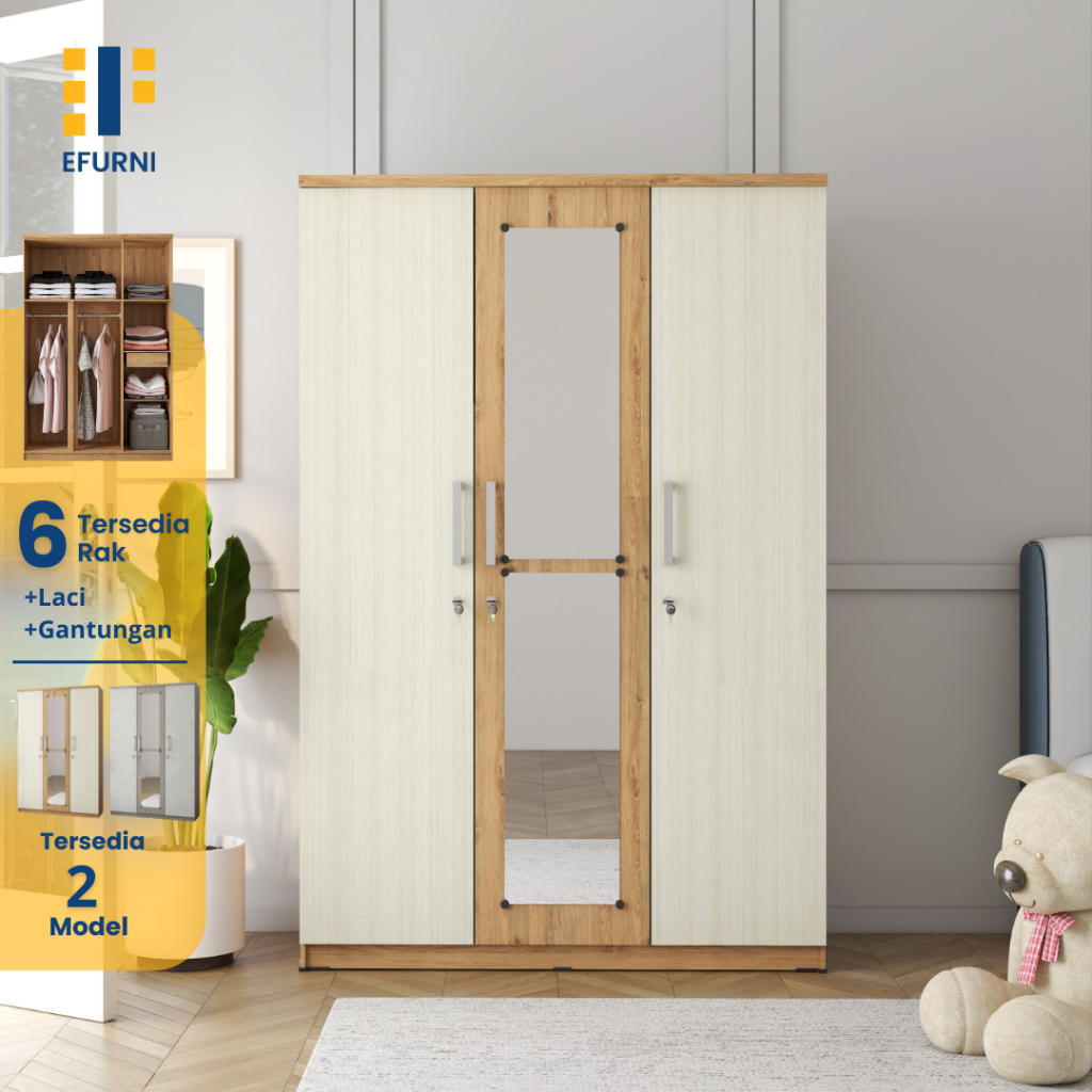 EFURNI Lemari Pakaian 3 Pintu Almari Pakaian Kayu / Almari Baju / Lemari Baju / Rak Baju Gamis / OLI
