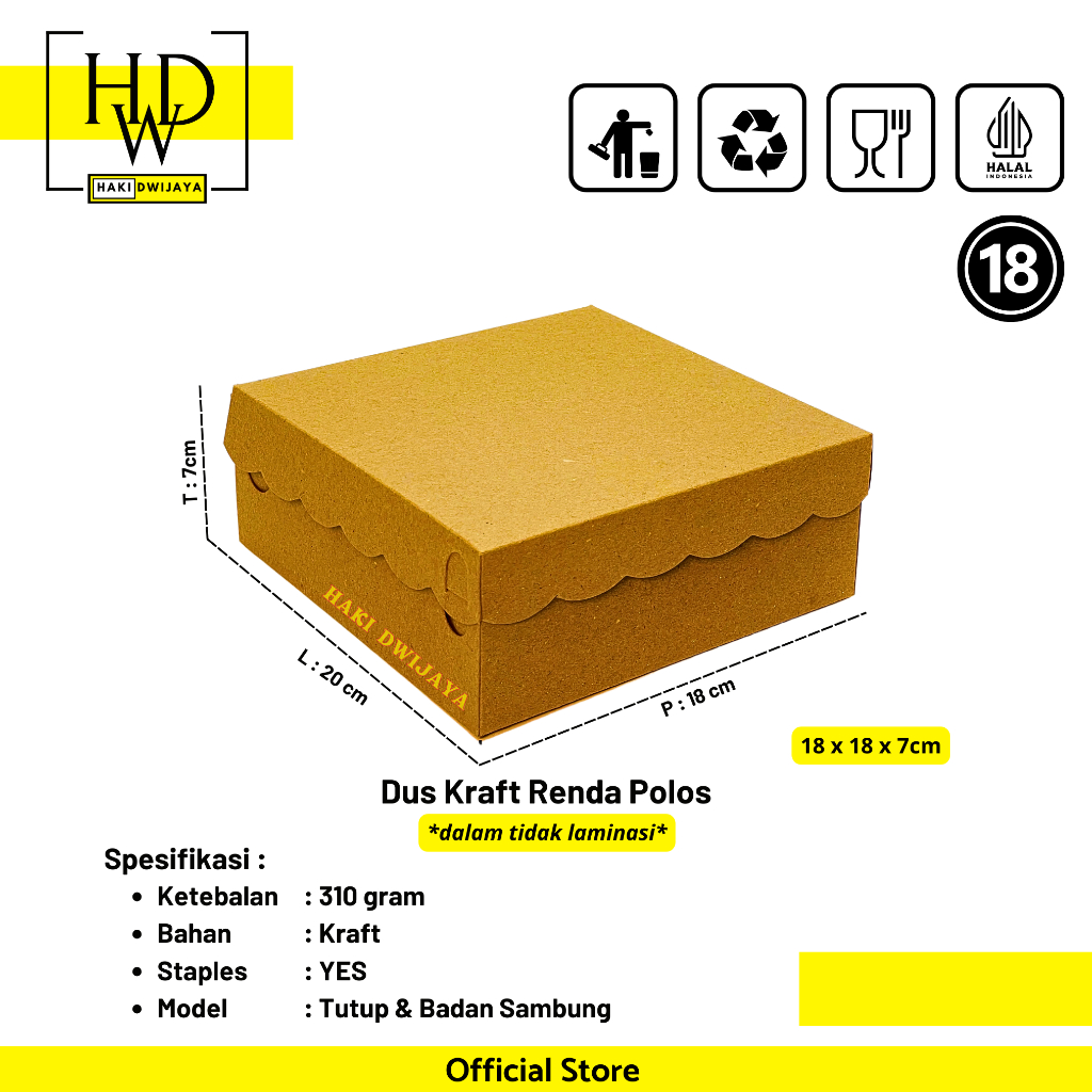 Kemasan Dus / Kotak Nasi dan Snack Ukuran 18x18x7cm Kraft Renda Polos Sambung