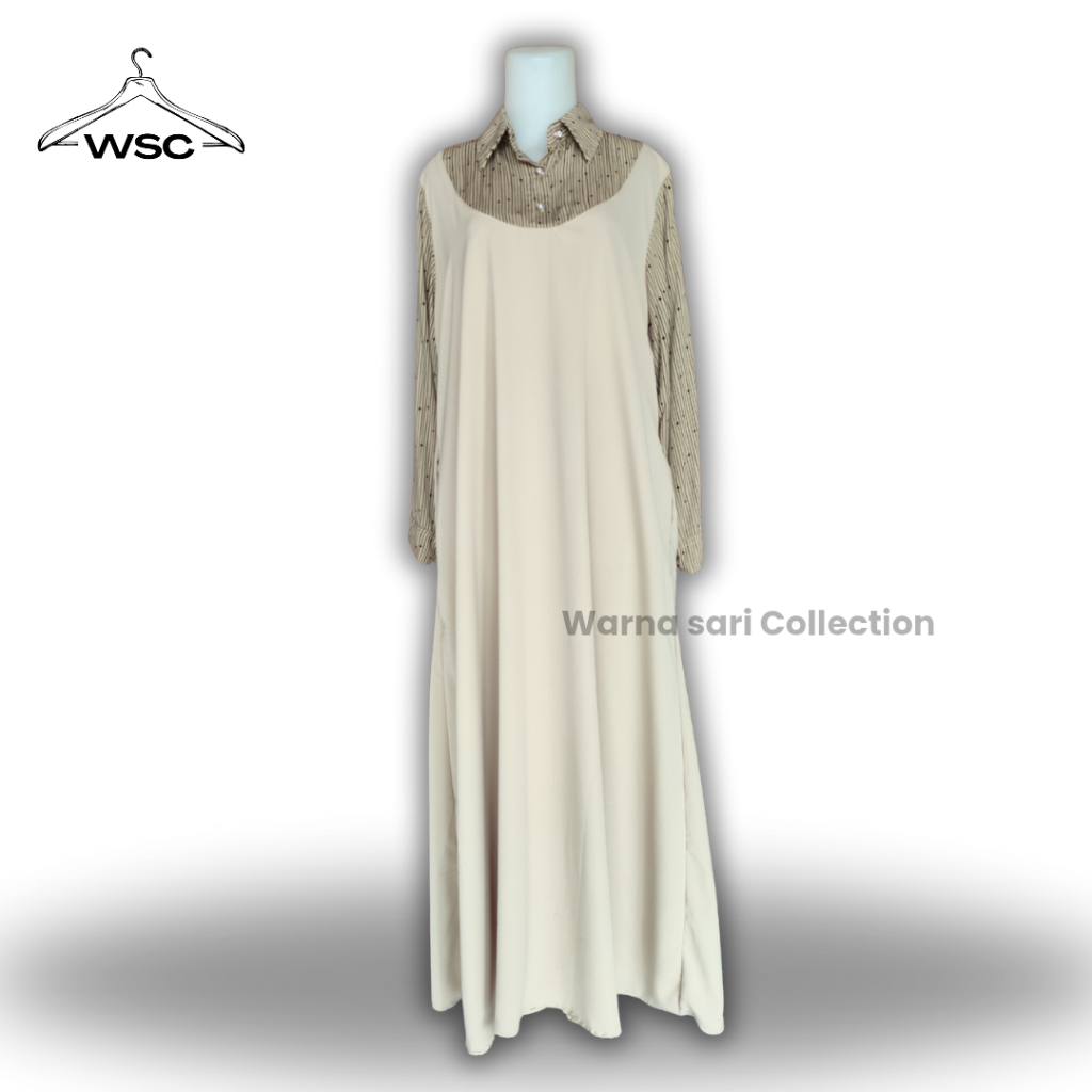 WSC - Gamis  Casual Wanita Motif Hitam Warna Cream Bahan Knit Premium