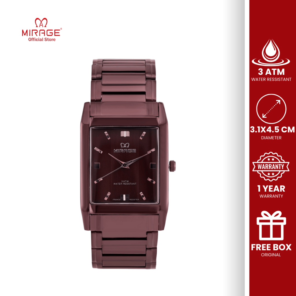 Mirage Jam Tangan Pria Anti Air Analog Petak Segi Stainless Coklat Formal Kasual Bergaransi 7394 M