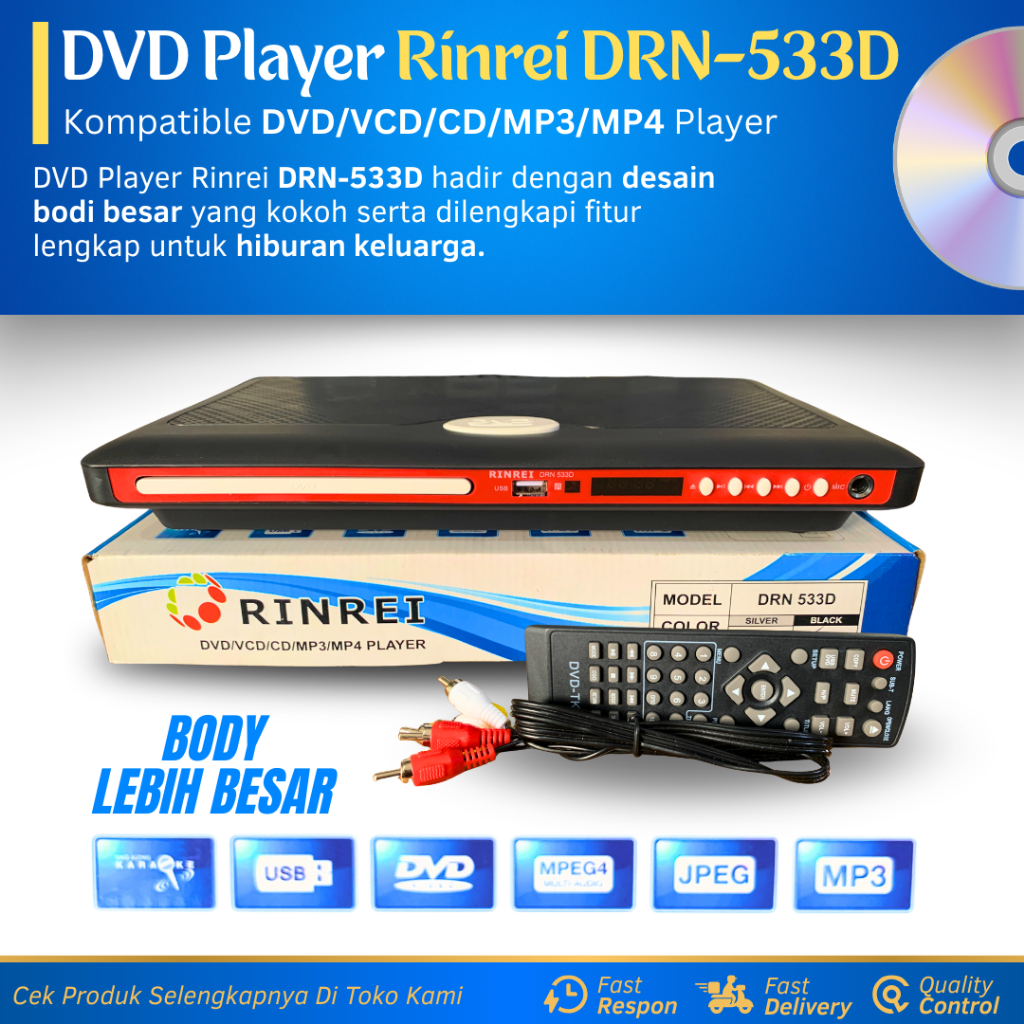 DVD Player Rinrei DRN-533D New Body Besar DVD/VCD/CD/MP3/MP4 Player Multimedia Pemutar Film Kaset DV