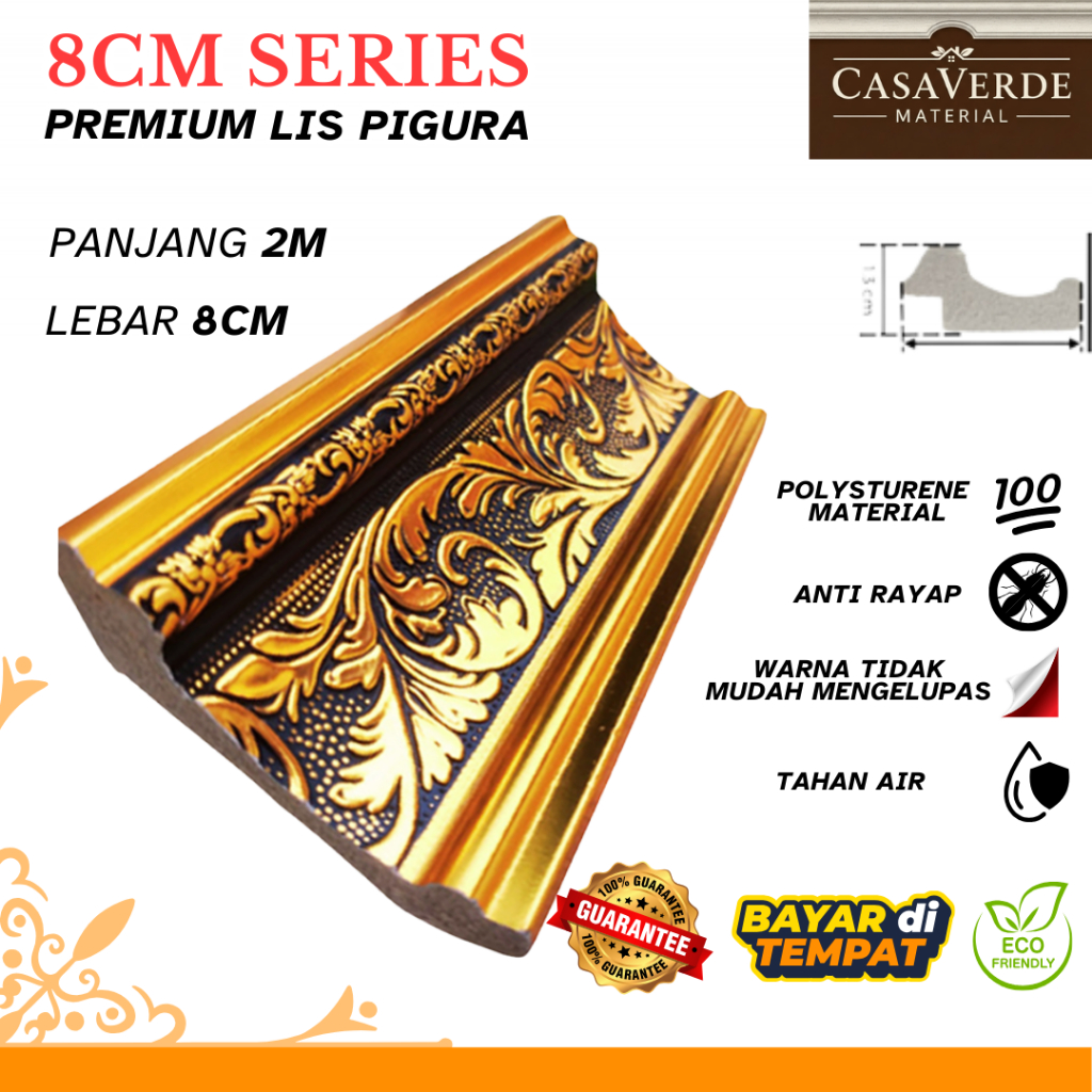 CasaVerde Material Bingkai Lis Pigura / Lis Plafon PVC/ Lis Profil / Lis tembok PVC 8CM Ukuran  : Pa