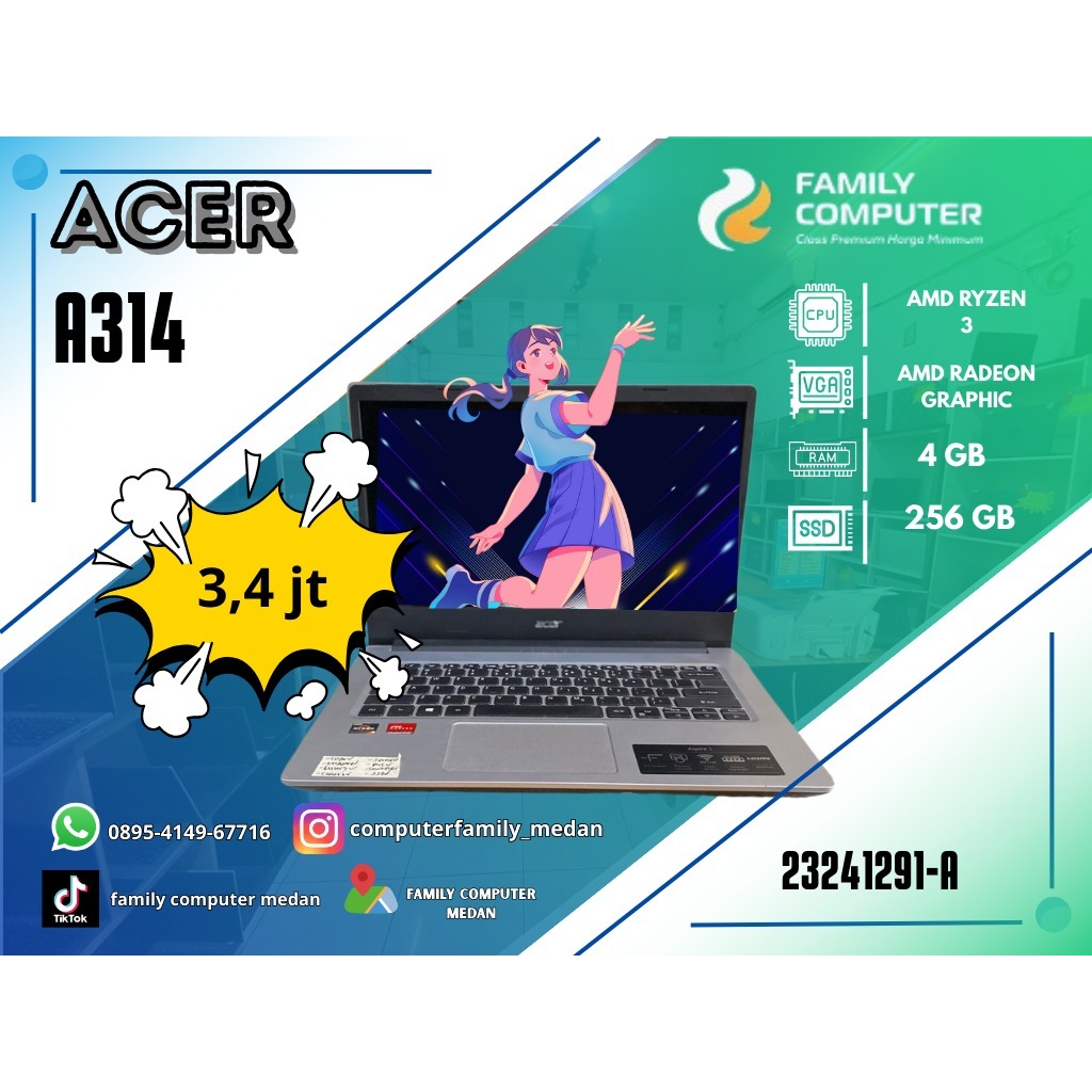 ACER A314 | AMD RYZEN 3 | AMD RADEON GRAPHIC | 4GB | 256GB