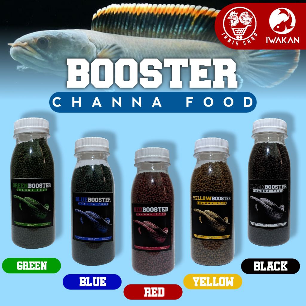 BOOSTER CHANNA FOOD / Pelet untuk ikan Channa , tersedia Varian Warna RED , YELLOW , BLUE , GREEN , 