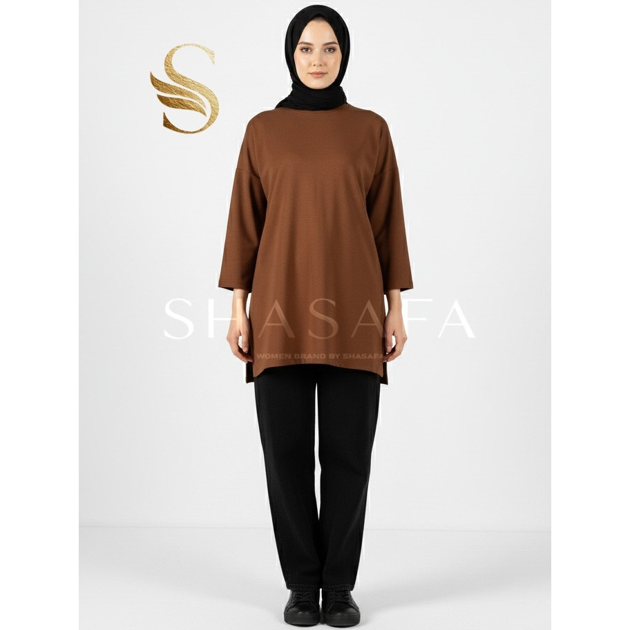 SHASAFA Atasan Wanita Muslimah Modis Tunik Oversize Polos Warna Coklat | TUNIKOV007