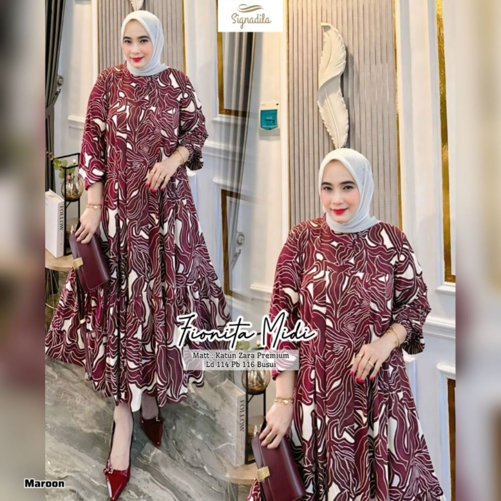 Fionita Midi Dress wanita bahan Katun zara premium busui friendly best seller by Signadila