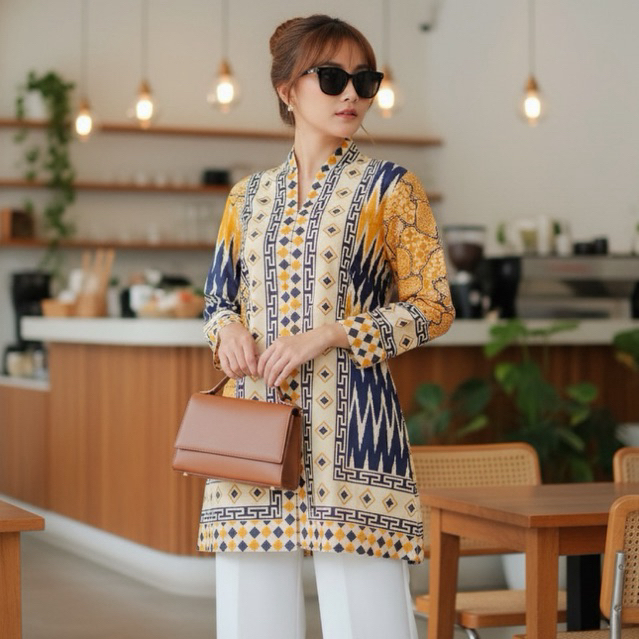 Shanaya Batik Tunik Setali Yellow Zipper Depan Batik Printing Batik Wanita Kerja