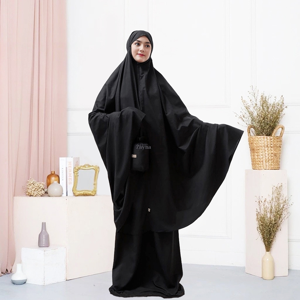 Zayna Mukena Warna Hitam Polos Katun Premium Bahan Lembut Adem