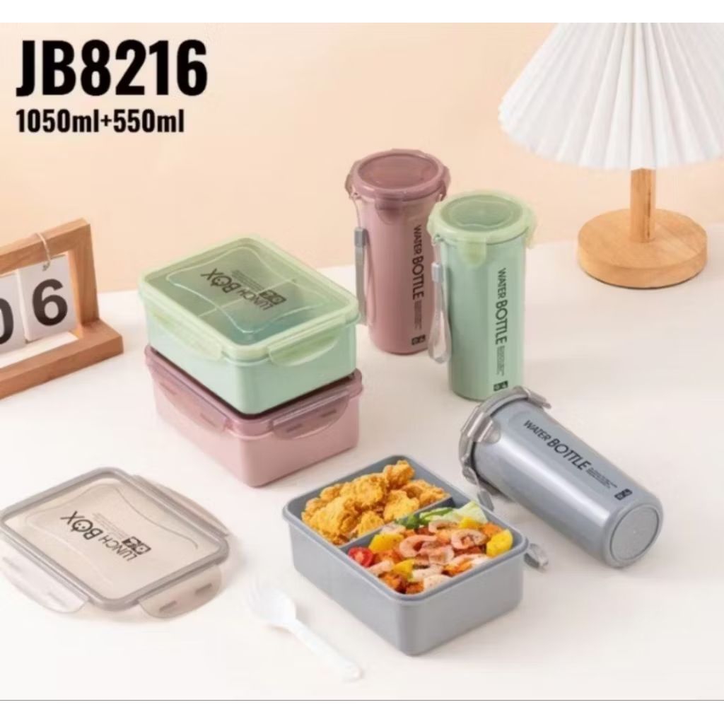 Tempat Makan Anti Bocor Lunch Box Sekat 2 Satu Set Tempat Makan dan Botol Minum Tempat Makan Bekal A