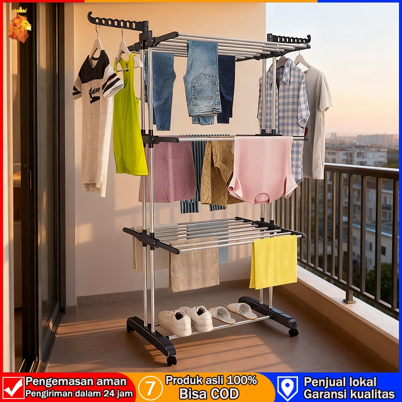 Rak Jemuran Lipat 3 Susun Portable Stainless Steel Dengan Roda Jemuran Baju Handuk Kapasitas Besar