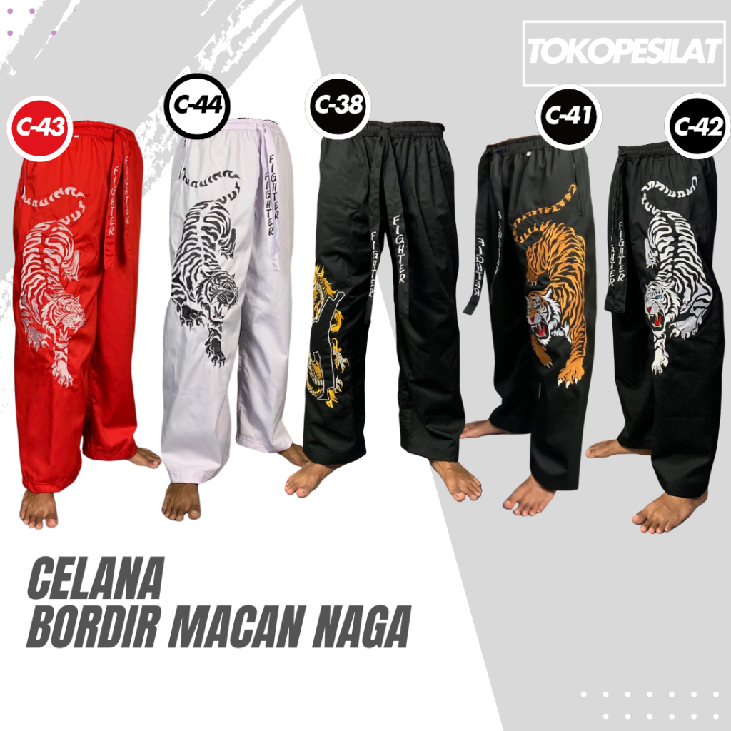 Celana Silat Bordir Komprang Panjang Pangsi Kombor Motif Gambar Naga Harimau Macan Tebal