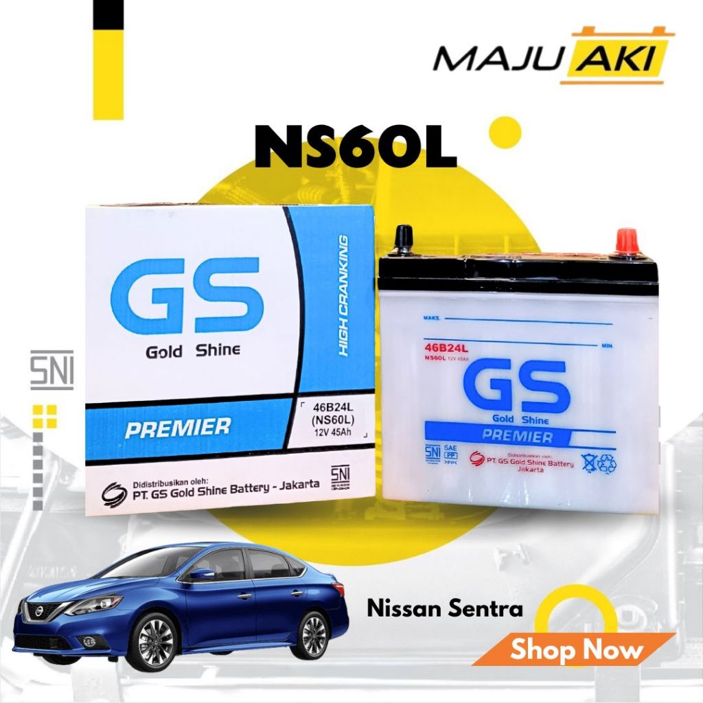Aki Mobil Nissan Sentra Aki Basah GS Gold Shine Dry Charge Premier NS60L 12V 45Ah