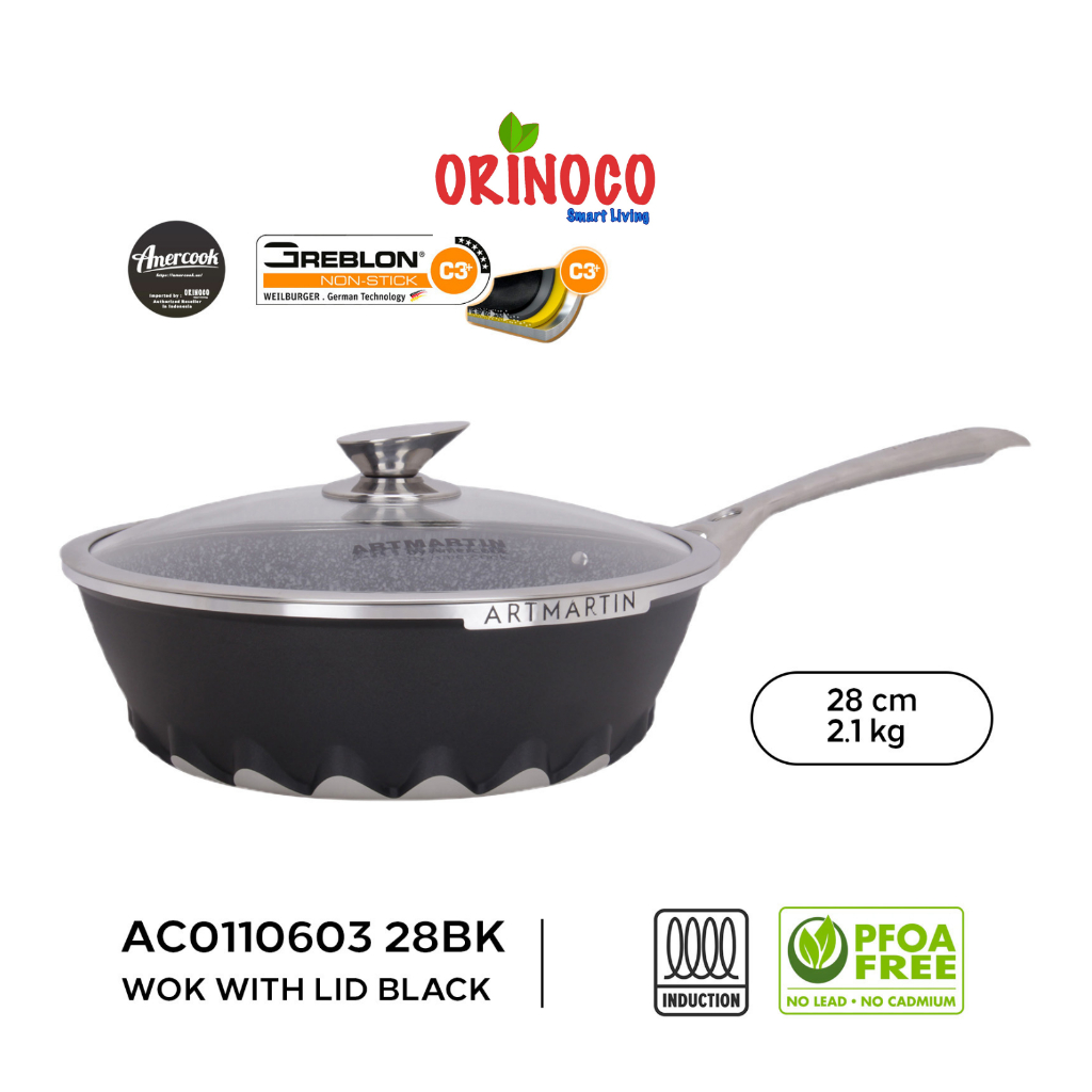 Amercook Wok Pan Artmarin Wajan Anti Lengket Glass lid Greblon