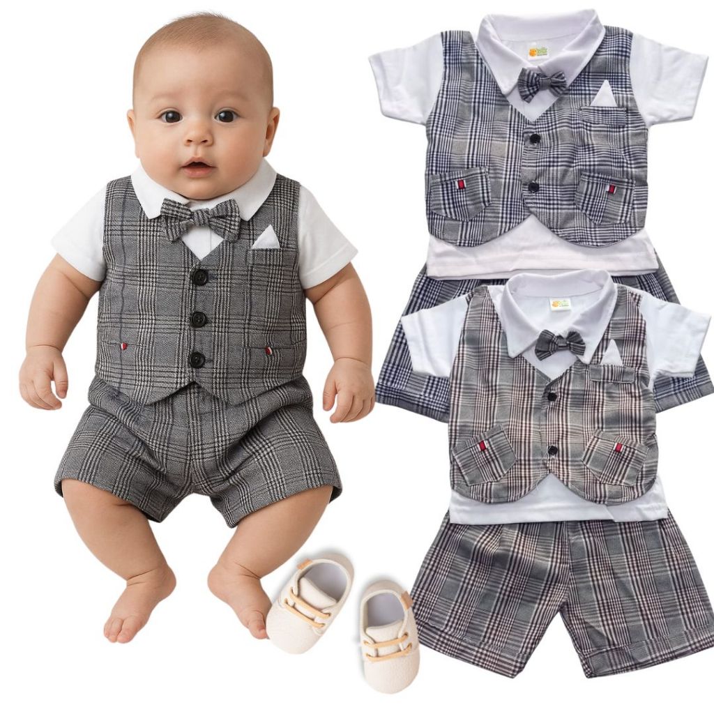 Setelan Baju Bayi Laki-Laki 0-6 Bulan Formal Romper Jas Vest Bowtie Lucu Elegan BM Goldenkidshop
