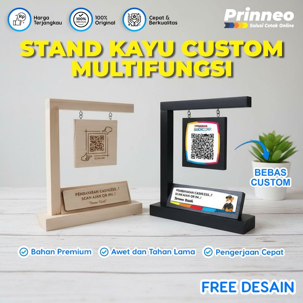 Display Kayu Estetik Custom | Stand QR Code, Nomor Meja, Logo Perusahaan, Tempat Menu Cafe & Resto