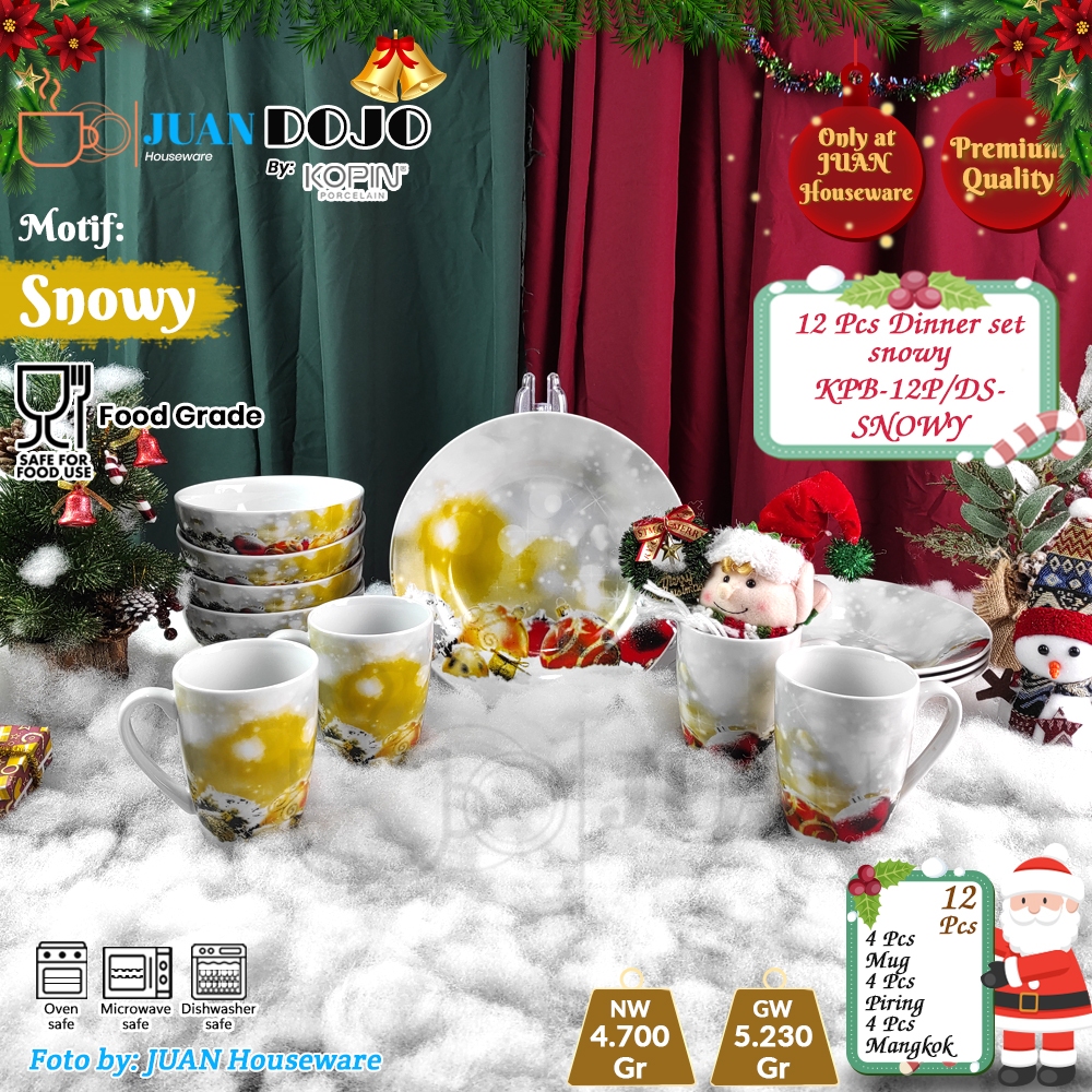 KOPIN 12pcs Porcelain Dinner Set Piring Gelas Mangkok Motif Snowy Natal Christmas Paket Lengkap / Se