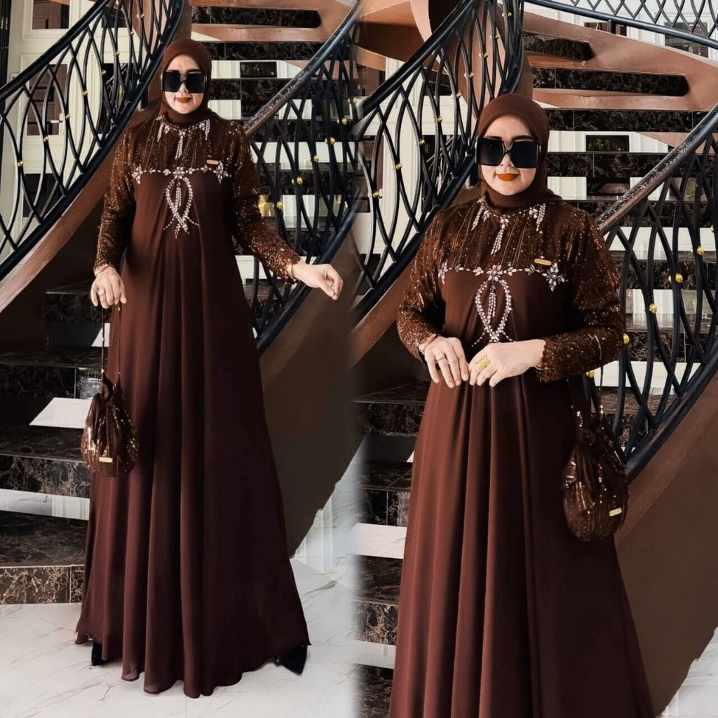 Baju gamis wanita coklat mahogani Kombinasi Brukat Mix Payet Mutiara LD 110 Bahan Ceruty babydol Gam