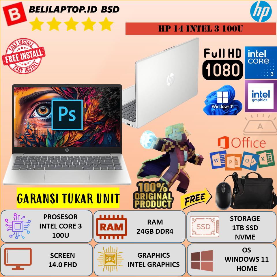 Laptop Baru HP 14 Intel Core i3 100U RAM 24GB 512GB SSD 14" FHD Backlite Windows 11 Original