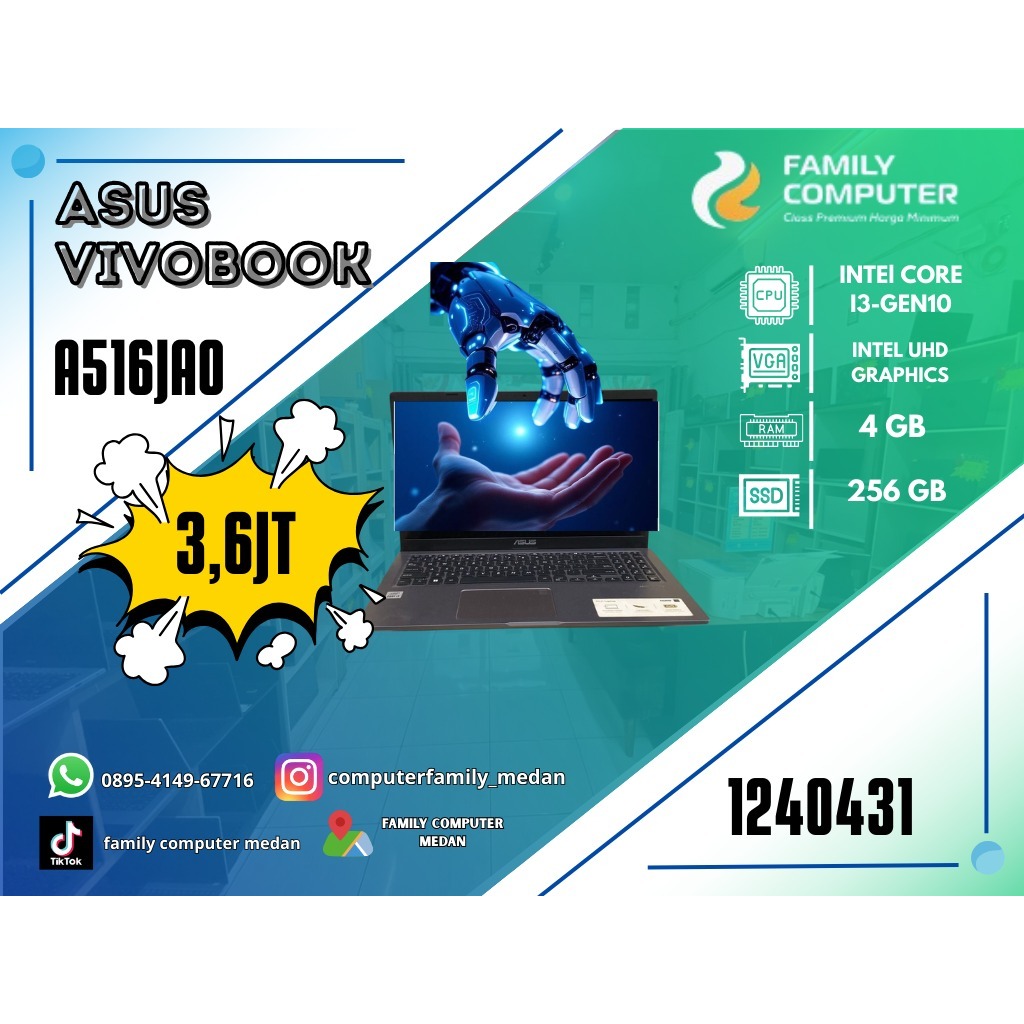 ASUS VIVOBOOK A516JAO | INTEL CORE I3-GEN 10 | INTEL UHD GRAPHIC | 4GB | 256GB