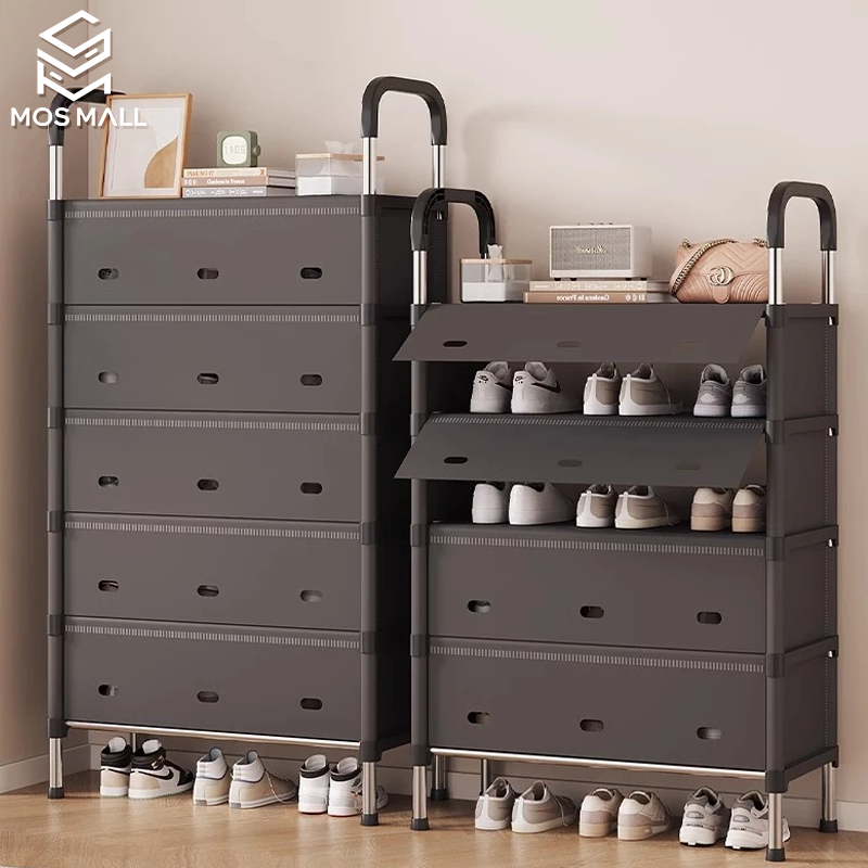 MOSMALL Rak Sepatu Susun Plastik Tertutup Tahan Debu /Rak Sepatu Besi Kuat Tebal Kokoh
