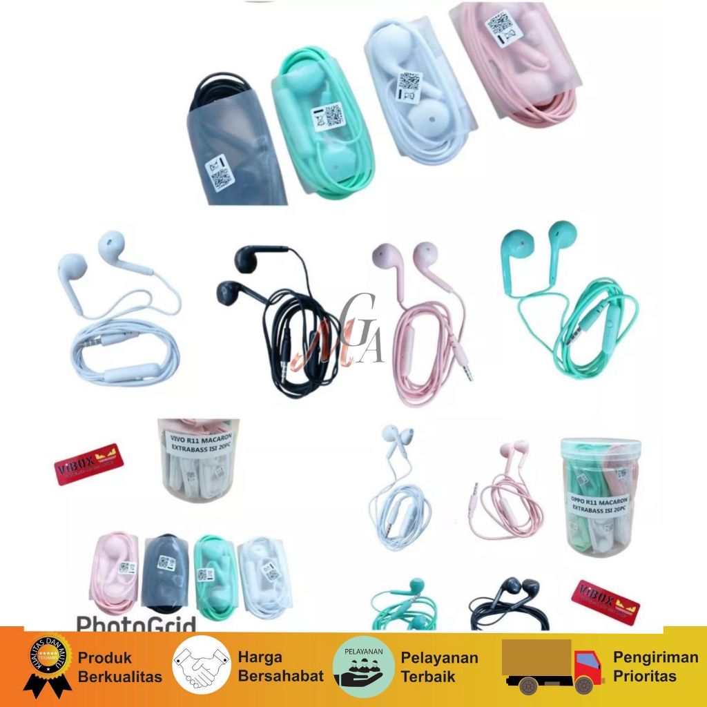 MGA - 1Toples Isi 20pcs Handsfree Macaron R11 Extrabass Plus Mic Headset 1 Toples Earphone Stereo Pe