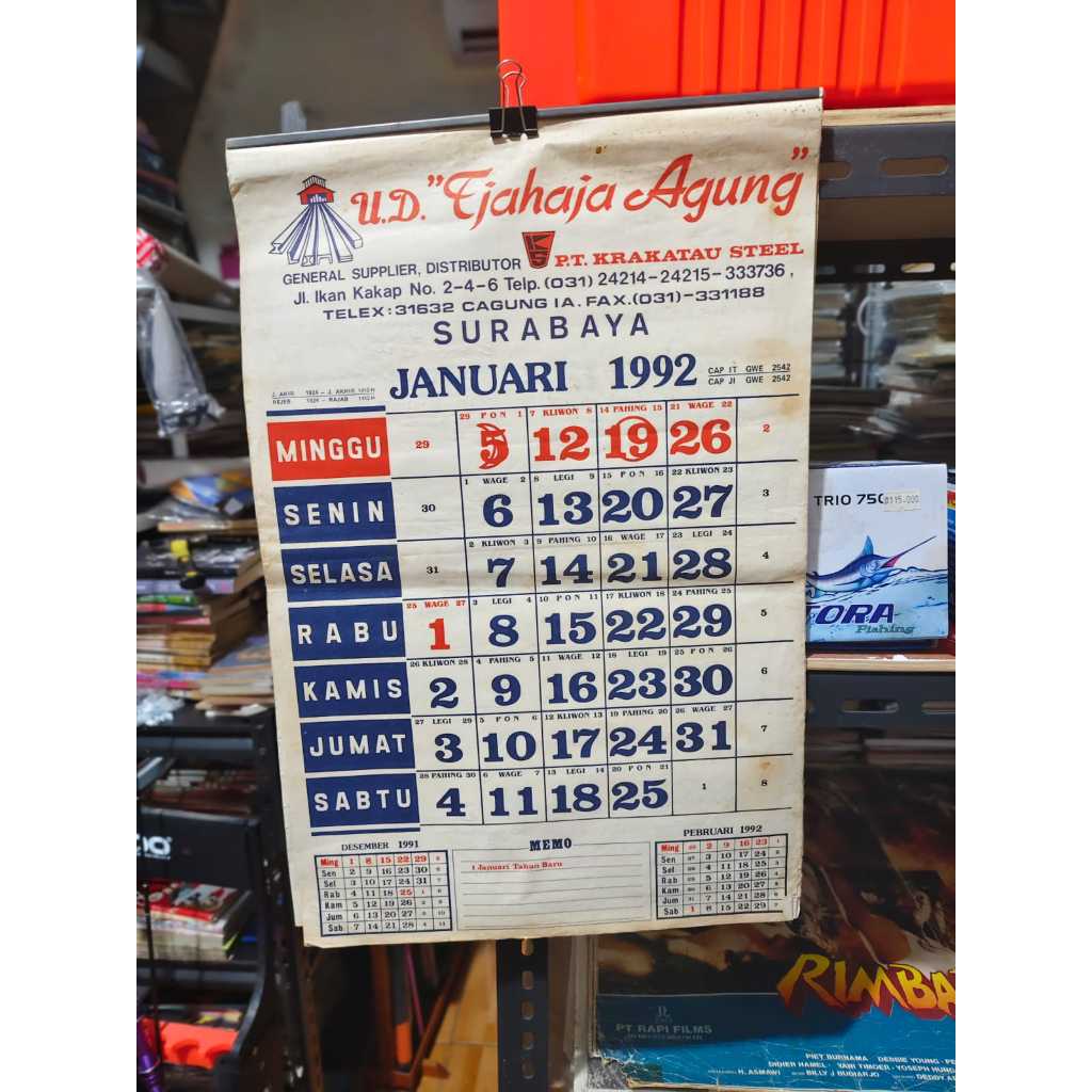KALENDER JADUL KALENDER TAHUN 1992 UD TJAHAJA AGUNG SURABAYA