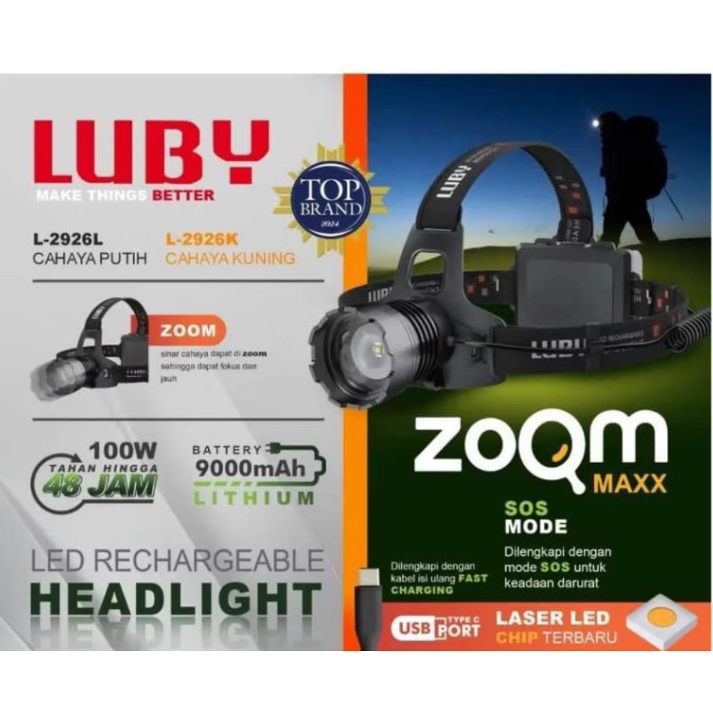 Senter Kepala Zoom Luby 100 Watt / Luby 2926L / Luby 2926K 9000 mAh