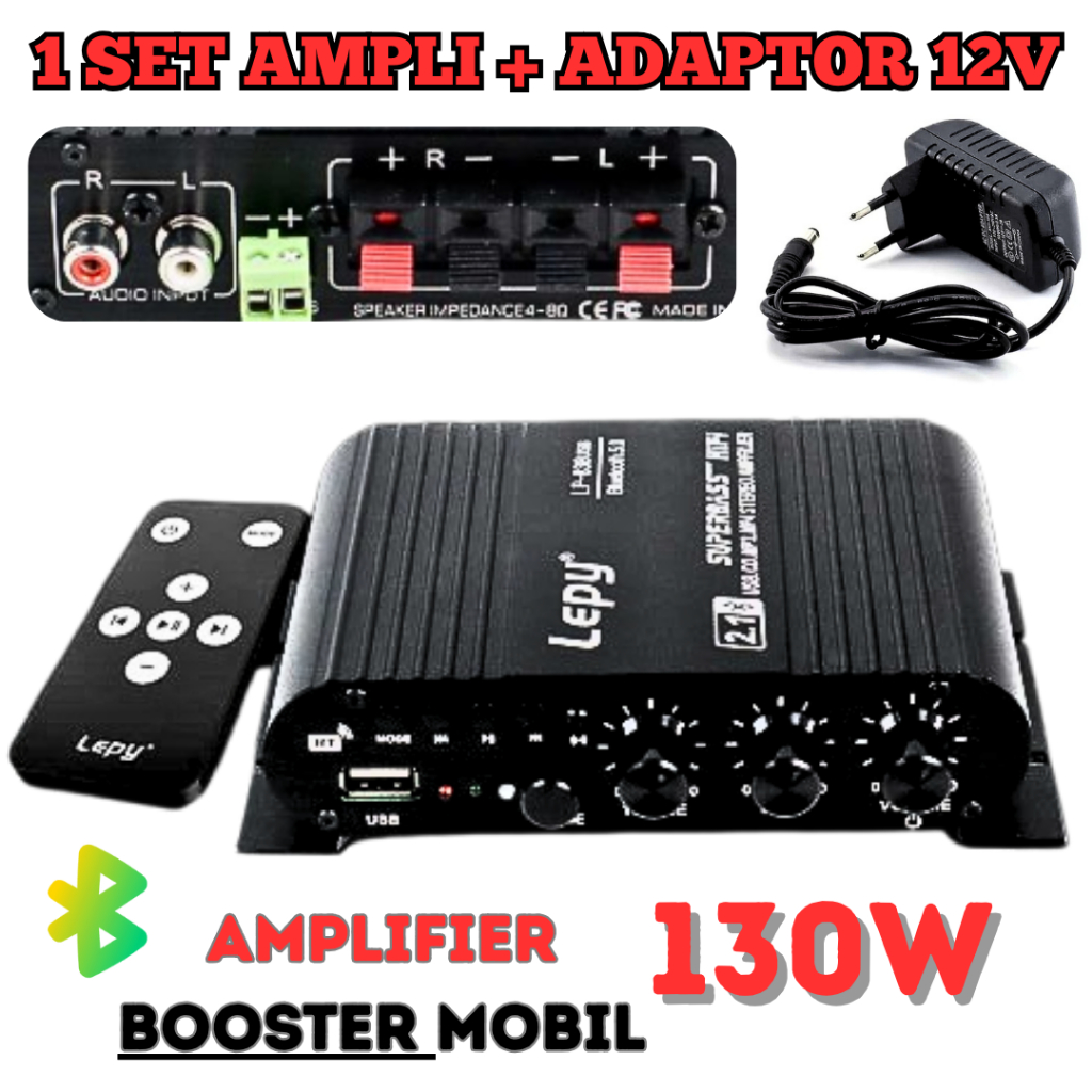 HAN Paketan Lepy Audio Amplifier Bluetooth Mobil USB HiFi Sound Booster Bass with Remote + Adaptor