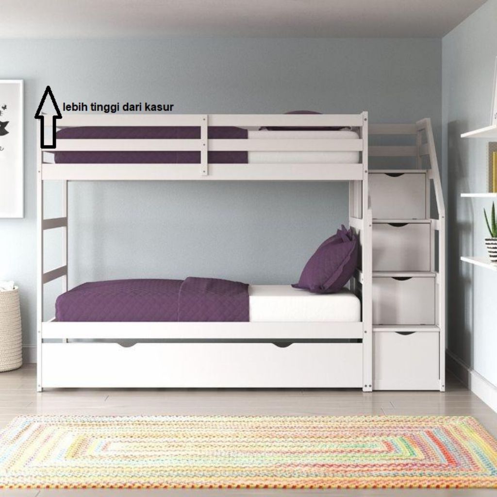 BUNKBED RANJANG TINGKAT TANGGA LACI KAYU MAHONI WHITE DUCO