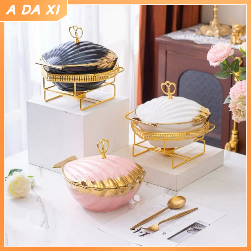 Tempat Prasmanan Keramik Kerang Putih & Gold 2L - Wadah Makan Sop Lauk Pauk Food Warmer, Tempat Lauk