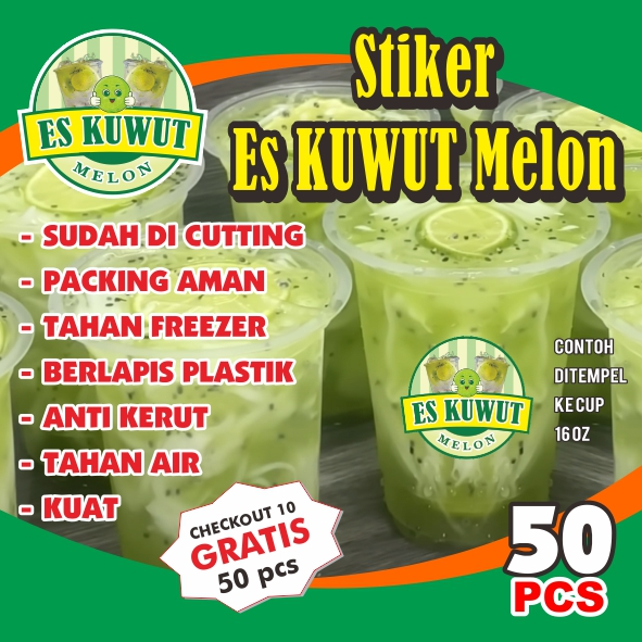 stiker ES KUWUT MELON label minuman cup/botol anti air 50 pcs