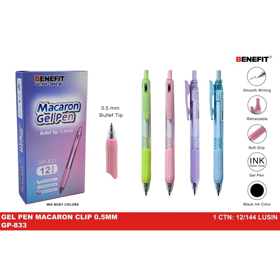 

PACK BOLPEN GEL BENEFIT MACARON GP-833 0.5 BLACK ISI 12PCS