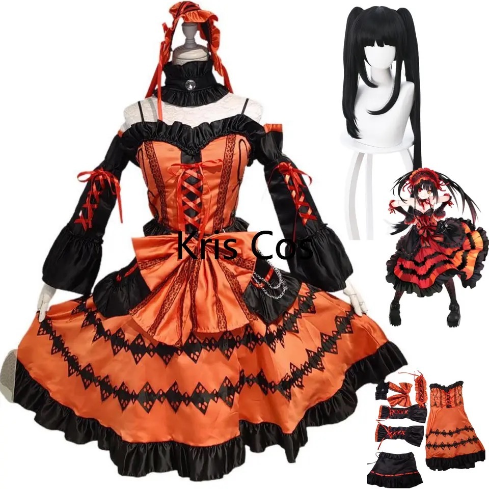 Anime Date A Live Tokisaki Kurumi Nightmare Cosplay Costume Wig Orange Dress Lolita Skirt Woman Sexy