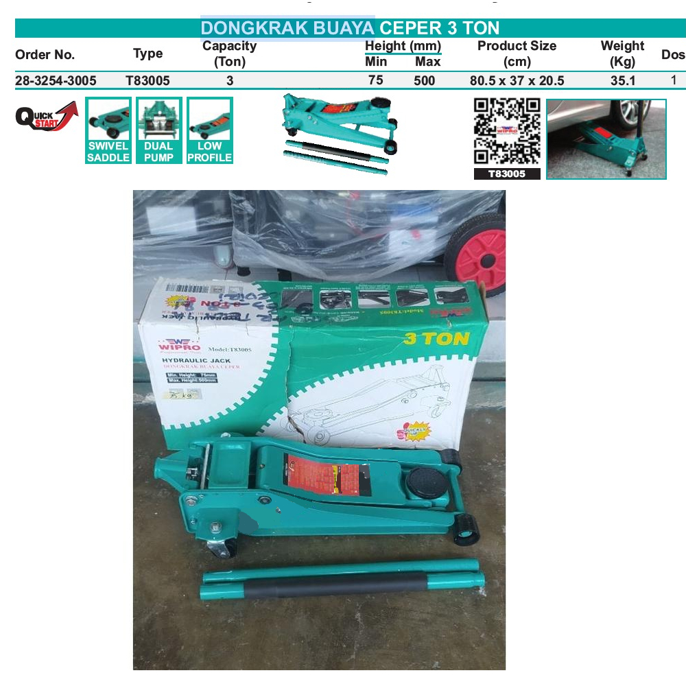WIPRO 3 ton Dongkrak Buaya Low Profile - Hidrolik Jack - Heavy Duty