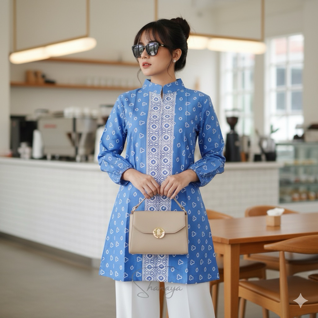 Shanaya Baju Batik Wanita Tunik Biru Muda Cinde Bisa Pesen Couple Kemeja dan Seragaman Cantik Untuk 