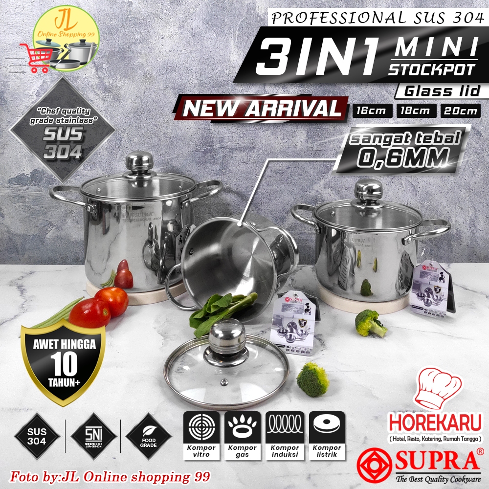 Supra Professional SUS 304 Mini Stock pot 3in1 tutup kaca Stainless steel lid 16cm 18cm 20cm / panci