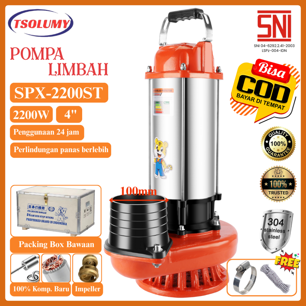 Tsolumy Pompa Celup Air Kotor SPX-2200ST Pompa Kolam lkan Pompa Banjir Pompa Lumpur Pompa Irigasi