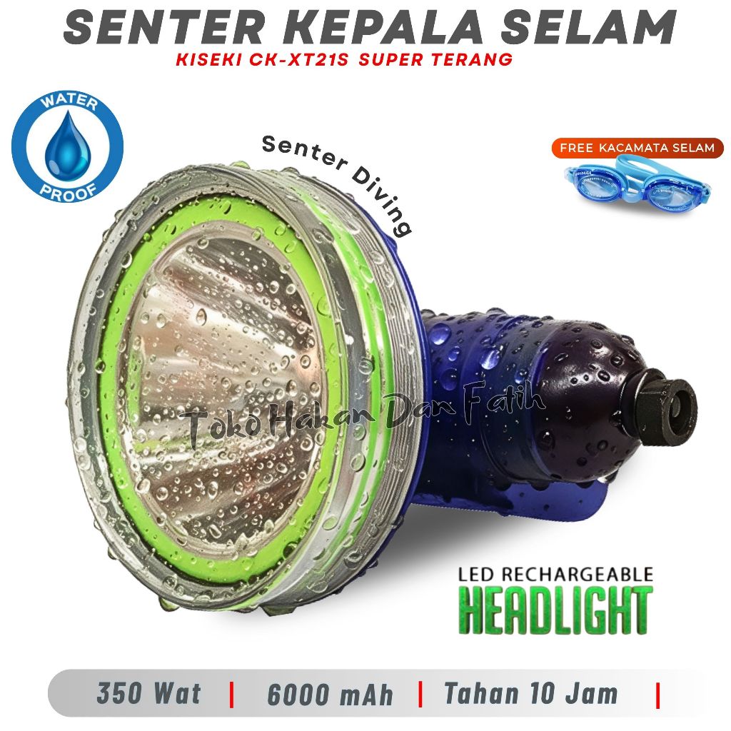 Senter kepala selam KISEKI CK-XT21S , 350wat 600mAh Tahan 10jam , gratia tas serut & kacamata selam