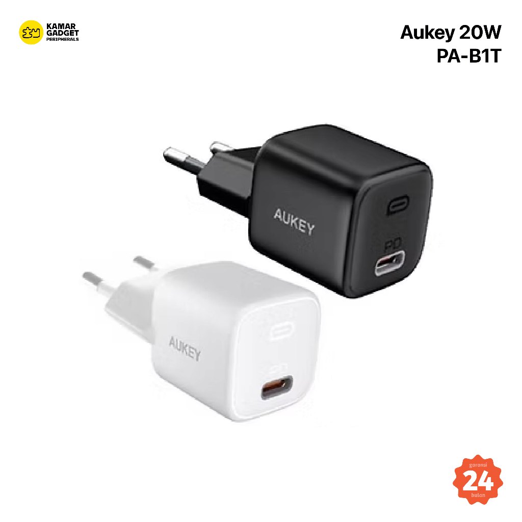 Adapter Gan 20W Aukey PA-B1T Black White - MFi Made For iPhone XR 11 12 13 14 15 Pro Promax Pro Max 
