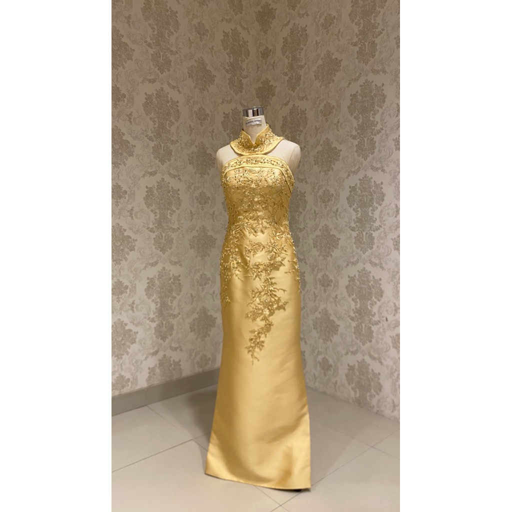Cheongsam Sangjit Gold Kuning Bordir dan Payet